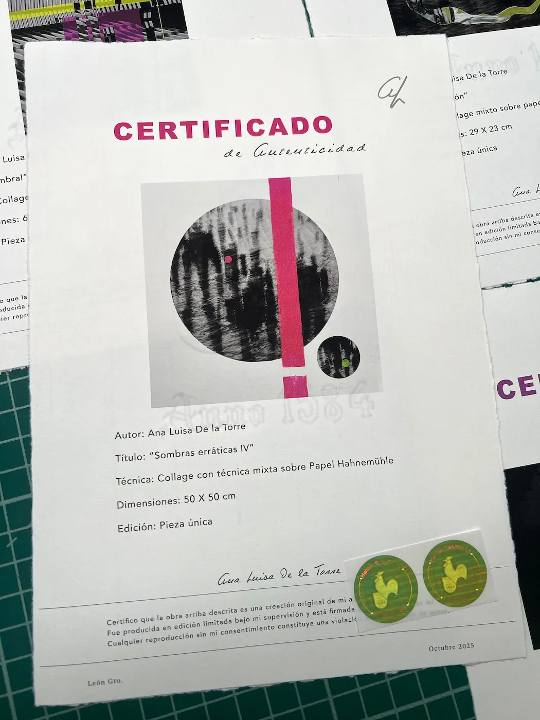 Certificado Hahnemühle mostrando los dos hologramas de seguridad verdes pareados junto a los datos de obra
